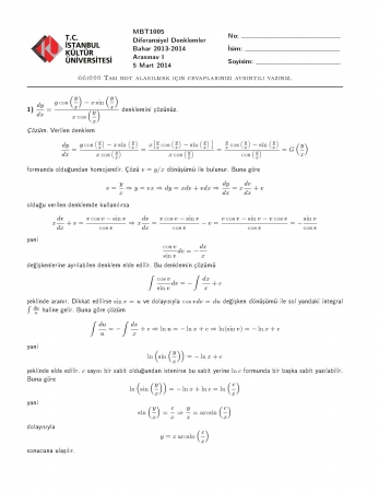 Diferansiyel Denklemler Dersi Vize Soruları ve Çözümleri